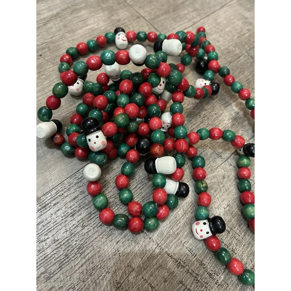 4 Garland Strands Red Green White Wood Wooden Beads Christmas Snowman 102
